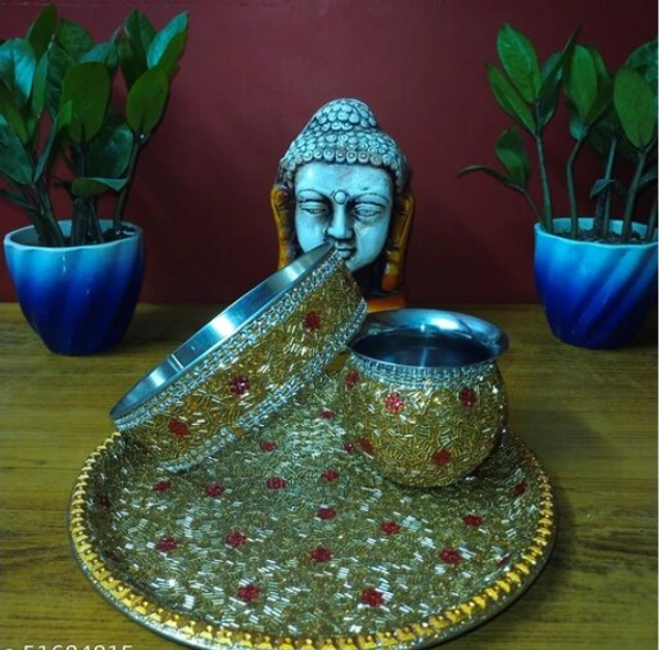 NEELMAYA Stainless Steel Decorative karwa chauth thali set pack of 1 - Free Size, Golden, Stainless Steel, Karwachuth, Set of 3